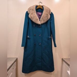 Vintage 1960s Teal Wool Princess Coat w/ Genuine Mink Fur Collar - Union Made -